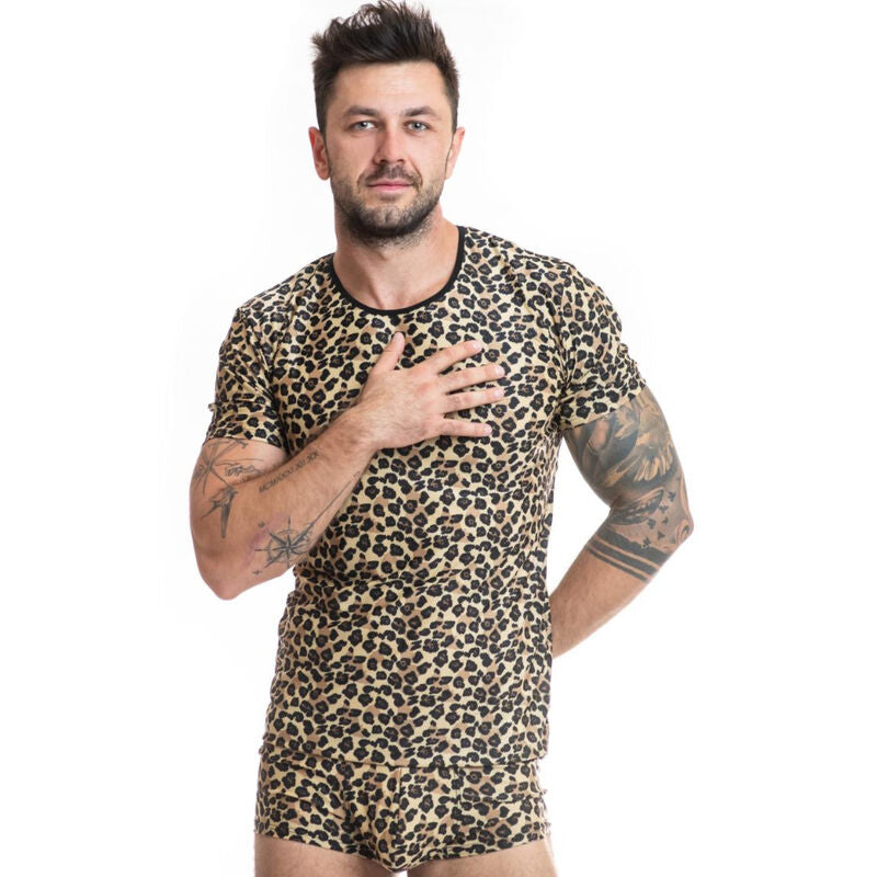 Anais Men Mercury T-Shirt soft microfiber men's lingerie top with animal print A man wearing a leopard print t-shirt with a round neckline and short sleeves.