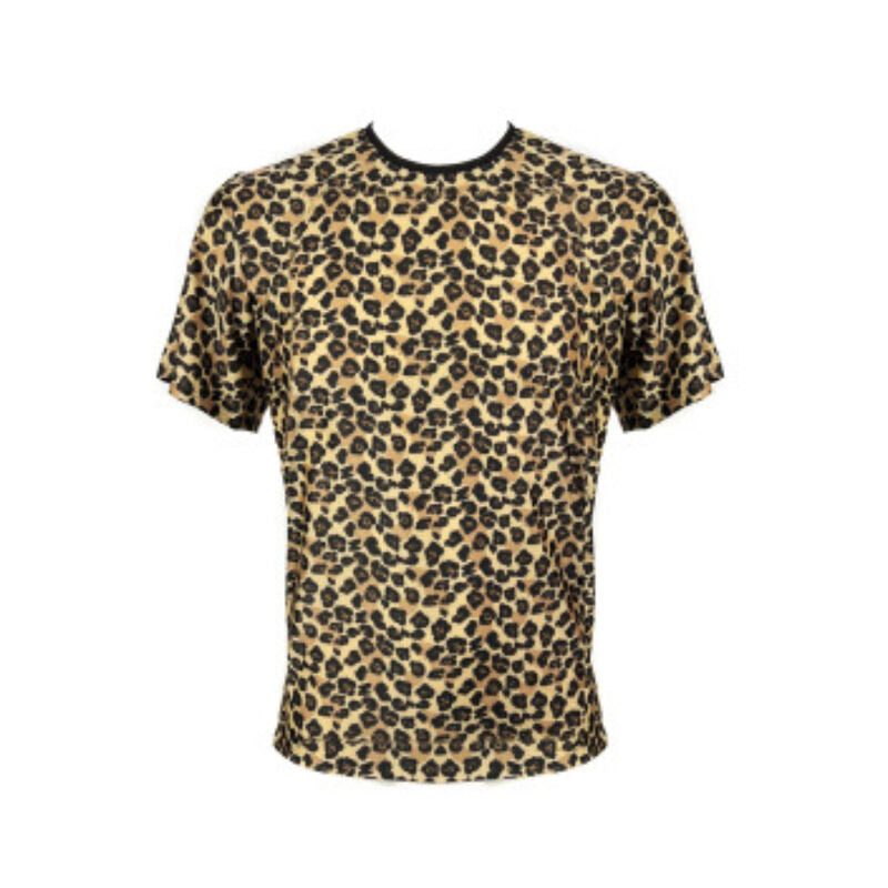 Anais Men Mercury T-Shirt soft microfiber men's lingerie top with animal print A man wearing a leopard print t-shirt with a round neckline and short sleeves.wee