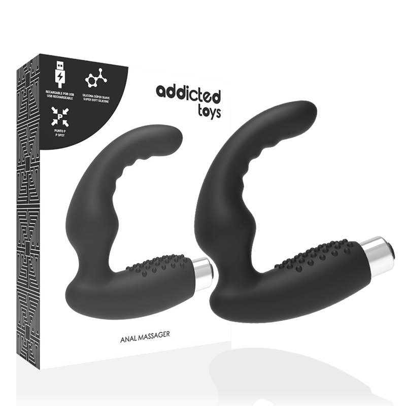 A black prostatic vibrator with a curved design and a smaller attachment, displayed next to its packaging which highlights the brand 'Addicted Toys' and the product name 'Ammunation'. The packaging also shows a '100% Medical Grade Silicone' badge and indicates the product as rechargeable.