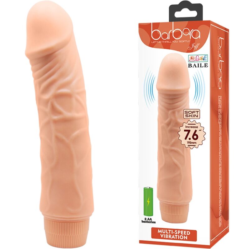 Baile Barbara Vibrator features a realistic veined shaft, curved G-spot design, and multi-speed vibrations in 20cm and 25cm sizes for deep, lifelike pleasure.7