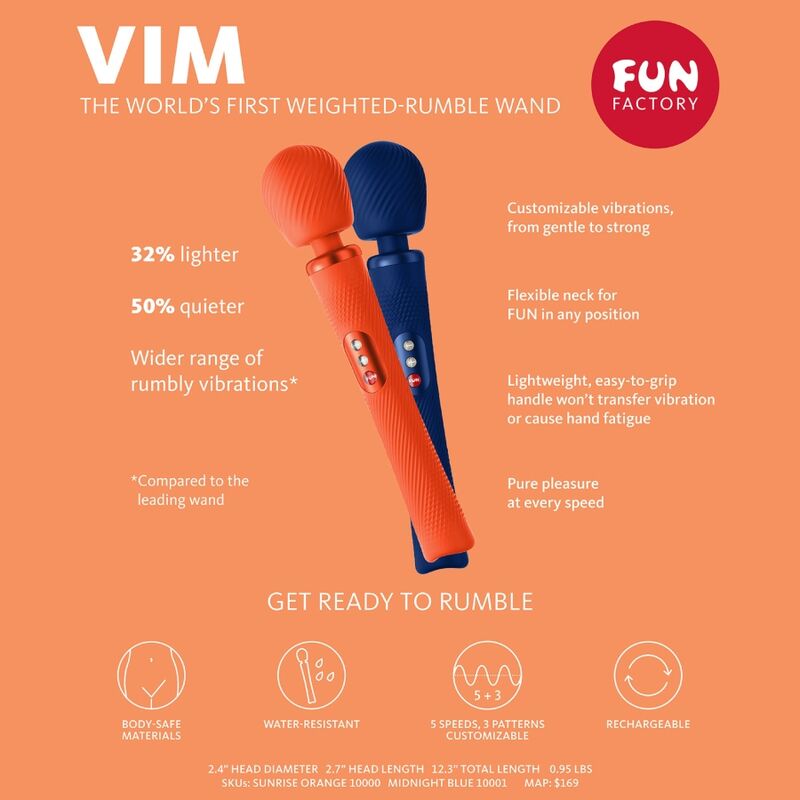 Fun Factory - Vim Silicone Rechargeable Vibrating Weighted Rumble Wand Sunrise Orange
