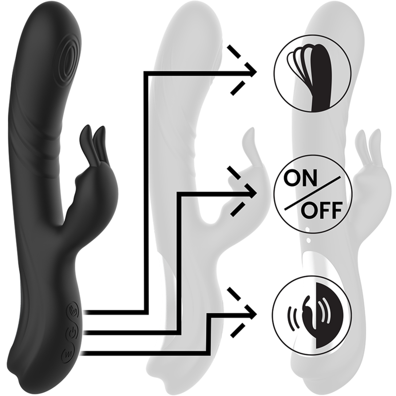 Experience intense G-spot and clitoral stimulation with the Black Silver Rechargeable Silicone Rabbit Stimulator, waterproof, and ultra-flexible for powerful, customized pleasure.6