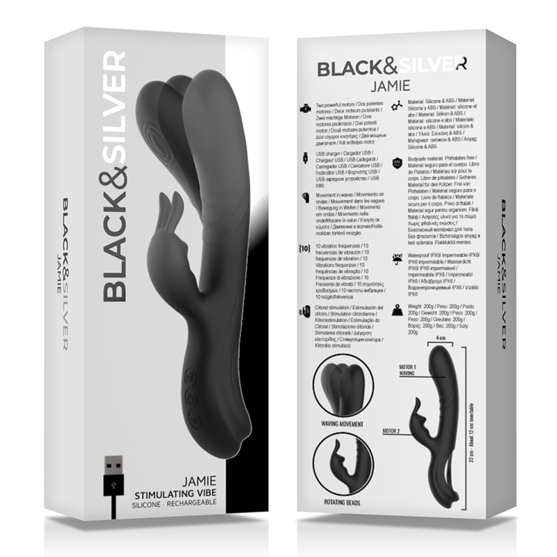 Experience intense G-spot and clitoral stimulation with the Black Silver Rechargeable Silicone Rabbit Stimulator, waterproof, and ultra-flexible for powerful, customized pleasure.7