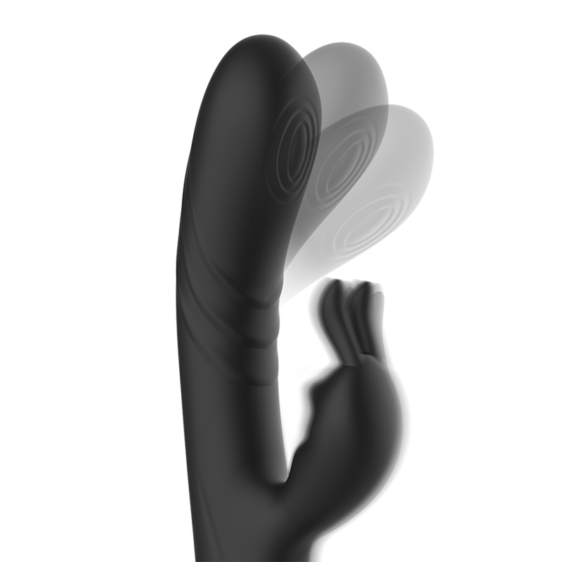 Experience intense G-spot and clitoral stimulation with the Black Silver Rechargeable Silicone Rabbit Stimulator, waterproof, and ultra-flexible for powerful, customized pleasure.4