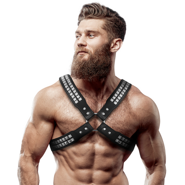 FETISH SUBMISSIVE - Men's Crossed Chest Eco – Leather Harness Rivets by DelighToys