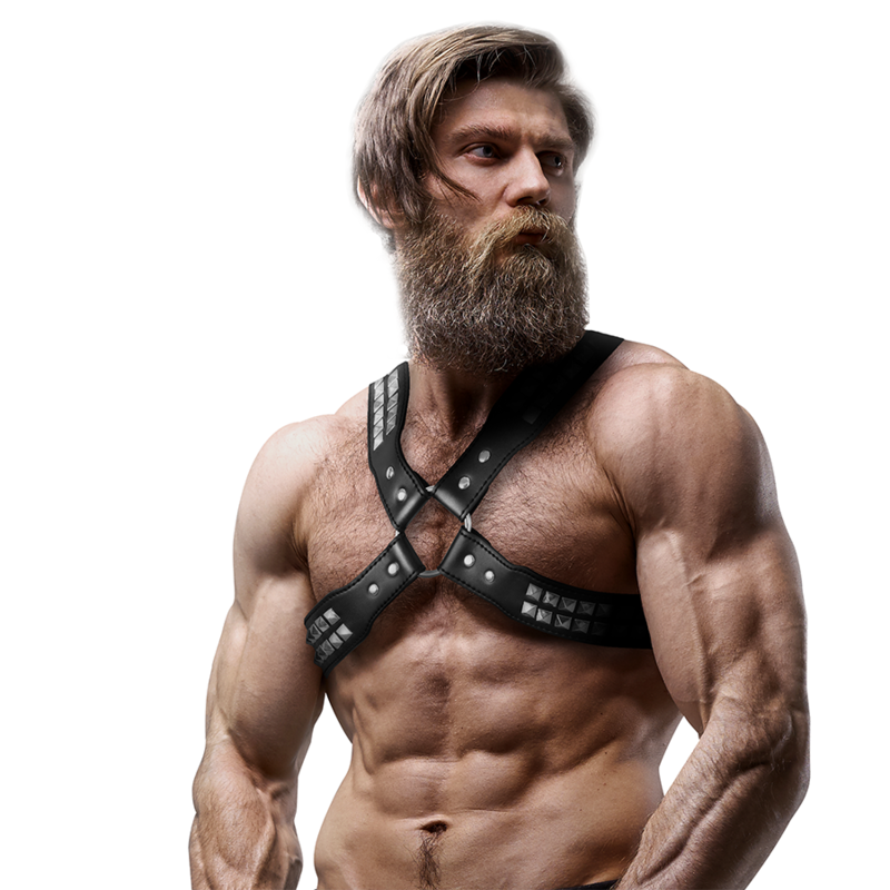 FETISH SUBMISSIVE - Men's Crossed Chest Eco – Leather Harness Rivets by DelighToys