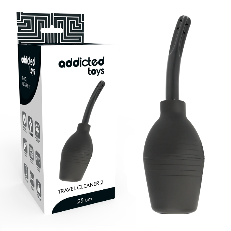 Addicted Toys Anal Squeeze Clean Black easy-squeeze enema bulb for intimate hygiene A black, tapered tip squeeze clean toy with four spray holes, displayed next to its packaging which reads 'Adiccted Toys' and 'Travel Cleaner 2' with a size indication of 25 cm.