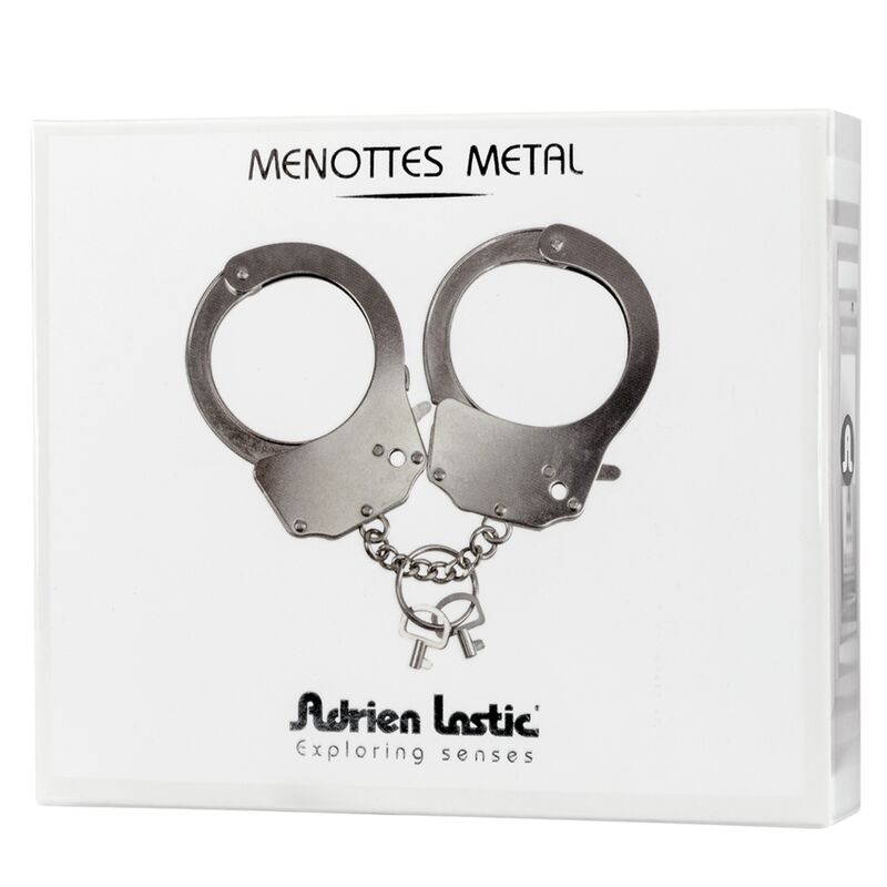 Explore BDSM with Adrien Lastic Metal Handcuffs. Durable, secure, and perfect for couples. Includes a sturdy chain and two keys for safe and exciting play.3