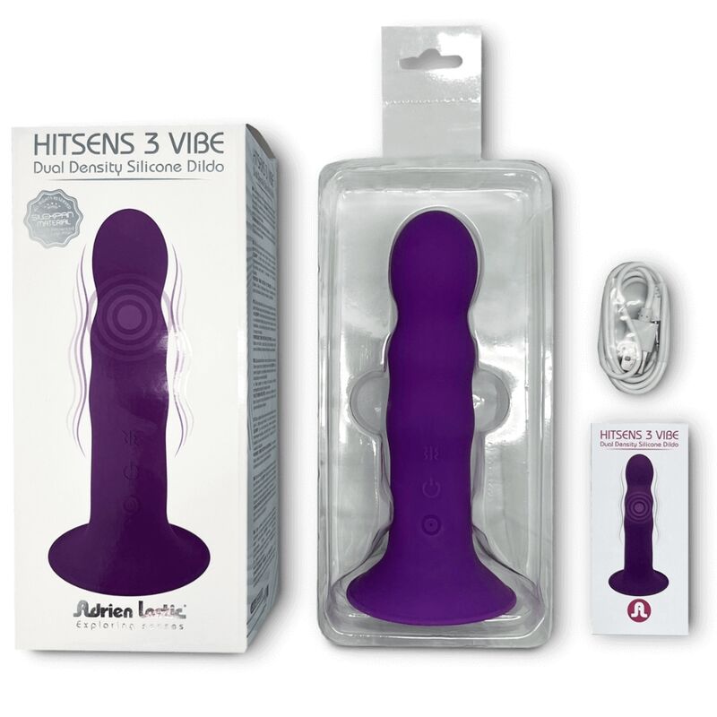 Discover Adrien Lastic Vibe Silicone Dildo Violet. Double-density Silexpan, 10 vibration modes, USB rechargeable, with suction base and harness compatibility.4