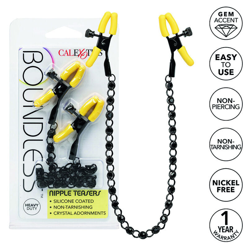 CalExotics Boundless Nipple Teasers offer adjustable clamps, soft silicone pads, a sensual crystal-inlaid chain, and body-safe design for heightened teasing pleasure.6
