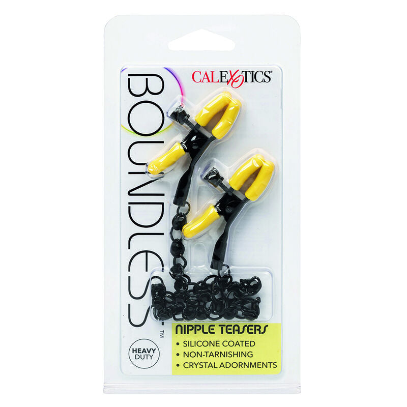 CalExotics Boundless Nipple Teasers offer adjustable clamps, soft silicone pads, a sensual crystal-inlaid chain, and body-safe design for heightened teasing pleasure.7