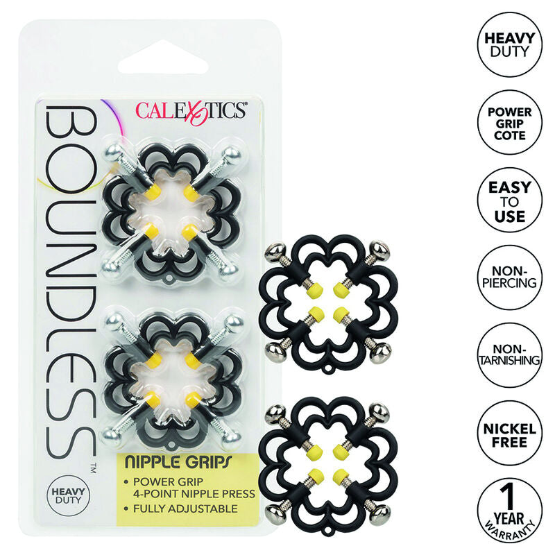CalExotics Boundless Nipple Grips offer 4-point screw adjustment, nickel-free high-resistance metal, and electric grip tips for thrilling pain and pleasure play.7
