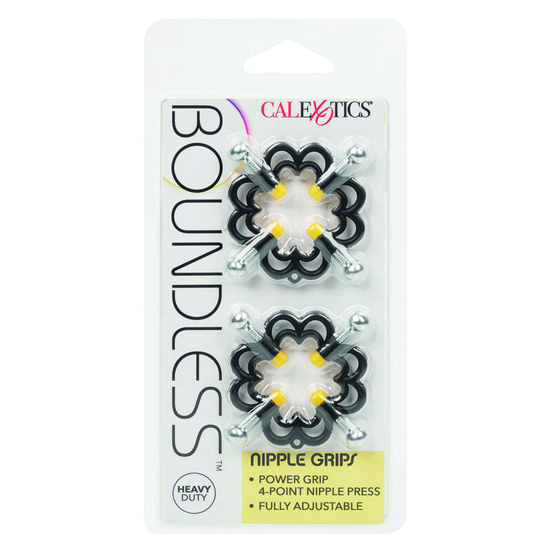 CalExotics Boundless Nipple Grips offer 4-point screw adjustment, nickel-free high-resistance metal, and electric grip tips for thrilling pain and pleasure play.8
