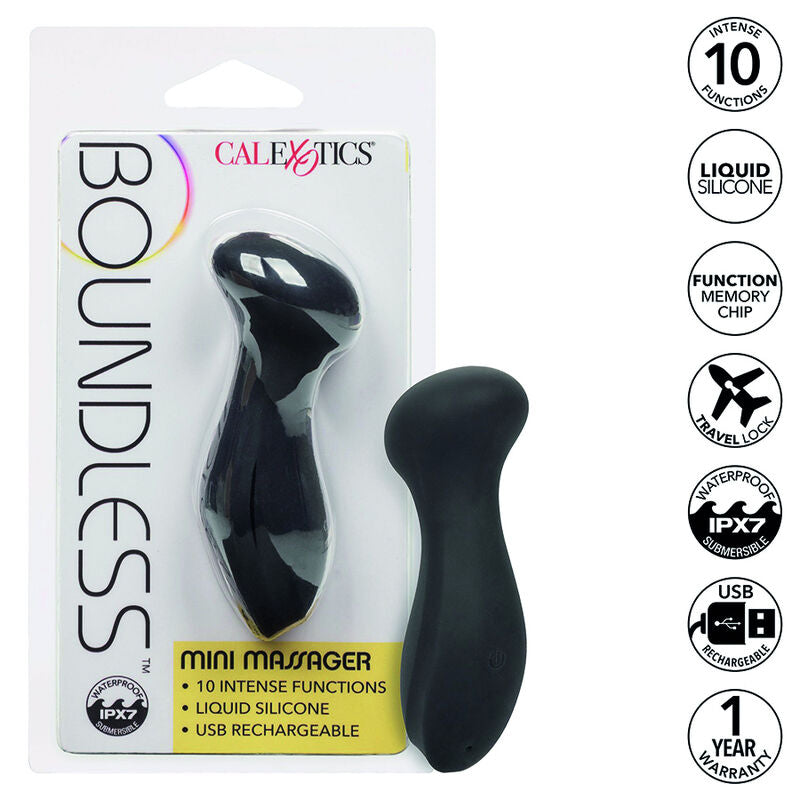 CalExotics Boundless Mini Massager features 10 functions, liquid silicone body, memory chip, waterproof design, and USB recharge for supreme pleasure anywhere.1