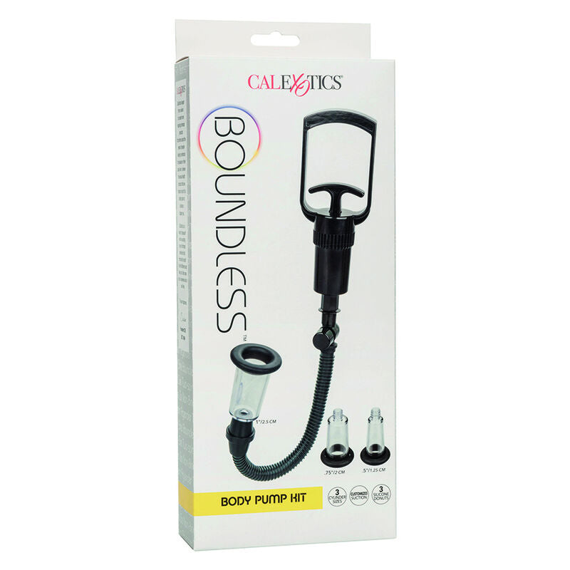 CalExotics Body Pump Kit offers personalized suction with 3 cylinder sizes, soft silicone rings, flexible air hose, and easy-clean design for ultimate intimate enhancement.1