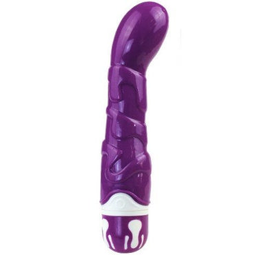A purple, silicone vibrator with a curved design, featuring a white base and buttons. The vibrator appears soft and flexible with a smooth surface. Target your pleasure with Baile Realistic Cock G-Spot Sensation. Soft silicone, 10 vibration rhythms, powerful tip motor. Ships UK & EU. Order now!6