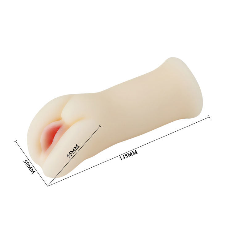 Baile Realistic Vagina Masturbator offers 3D internal stimulation, soft TPR touch, and a snug fit for lifelike pleasure. Measures 14.5cm x 5cm for deep satisfaction.9