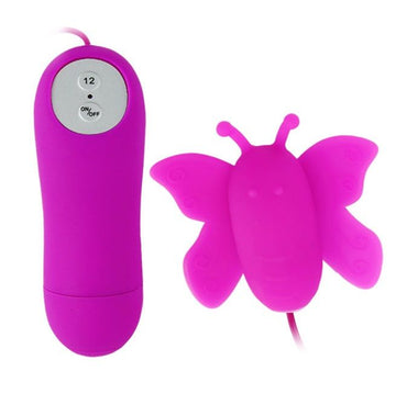 A lilac-colored, butterfly-shaped clitoral stimulator with a remote control. The stimulator has a smooth, peach-like texture and antenna-like features on its wings.