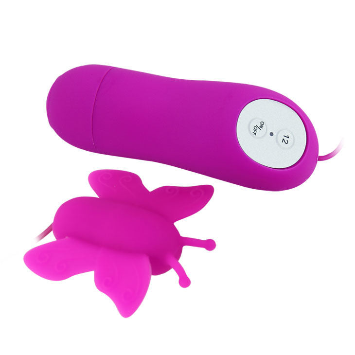 A lilac-colored, butterfly-shaped clitoral stimulator with a remote control. The stimulator has a smooth, peach-like texture and antenna-like features on its wings.www