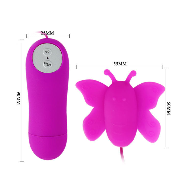 A lilac-colored, butterfly-shaped clitoral stimulator with a remote control. The stimulator has a smooth, peach-like texture and antenna-like features on its wings.eeerrrr