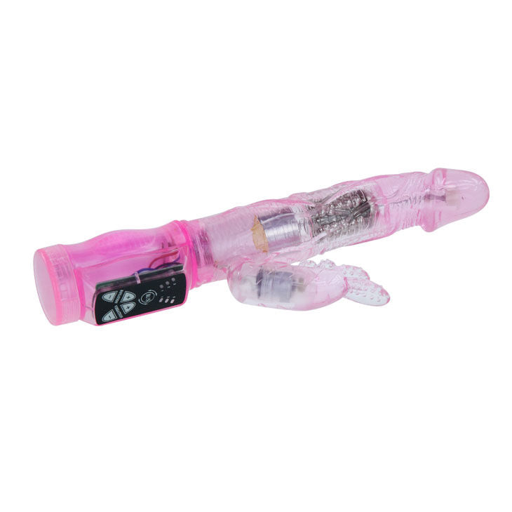 A pink, lilac-colored vibrator with a small rabbit-like extension, featuring a control panel with buttons and a rotating bead design for additional stimulation. The device appears to be made of a soft, gelatin-like material.22