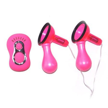 The image shows two pink nipple suckers with black accents and adjustable settings. Each sucker has a mini motor and a string attached for use, displayed alongside a small, silver adjustable speed regulator. Stimulate with Baile Nipple Sucker Set. Two pumps, 6 vibration modes, adjustable suction. Ships UK & EU. Order now for intense nipple pleasure!