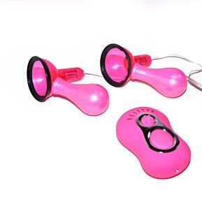 The image shows two pink nipple suckers with black accents and adjustable settings. Each sucker has a mini motor and a string attached for use, displayed alongside a small, silver adjustable speed regulator. Stimulate with Baile Nipple Sucker Set. Two pumps, 6 vibration modes, adjustable suction. Ships UK & EU. Order now for intense nipple pleasure!2