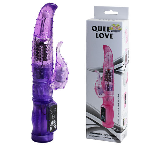 A purple and pink vibrator with a rotating bead design and a clitoral stimulator, shown alongside its packaging.