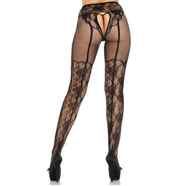 LEG AVENUE - Floral Design Back Crotchless Stockings One Size by Delig