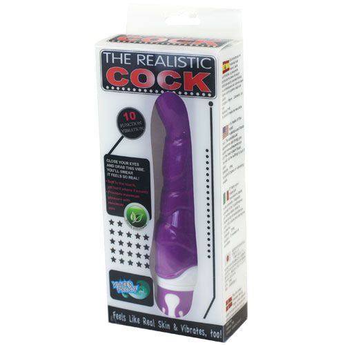 A purple, silicone vibrator with a curved design, featuring a white base and buttons. The vibrator appears soft and flexible with a smooth surface. Target your pleasure with Baile Realistic Cock G-Spot Sensation. Soft silicone, 10 vibration rhythms, powerful tip motor. Ships UK & EU. Order now!4