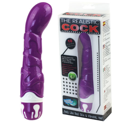 A purple, silicone vibrator with a curved design, featuring a white base and buttons. The vibrator appears soft and flexible with a smooth surface. Target your pleasure with Baile Realistic Cock G-Spot Sensation. Soft silicone, 10 vibration rhythms, powerful tip motor. Ships UK & EU. Order now!5