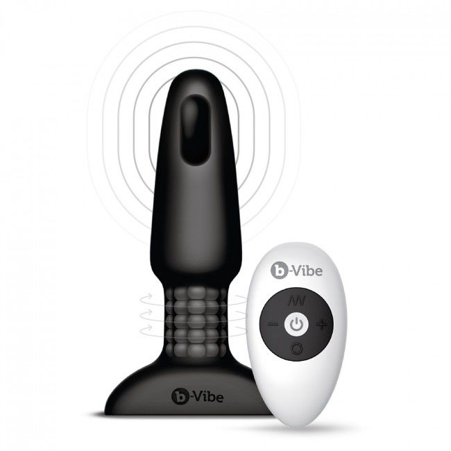 Experience rimming and prostate pleasure with B-Vibe Rimming Anal Plug Two. Rotating beads, strong vibrations, remote control, and body-safe silicone design.8