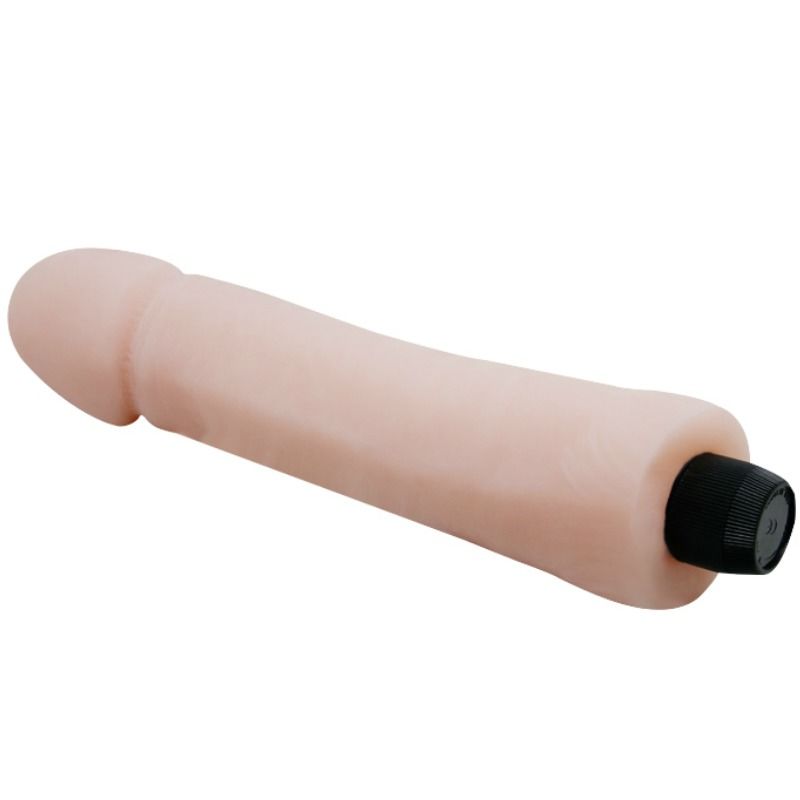A realistic, flesh-colored dildo with a vibrator base. The dildo has a lifelike appearance with detailed textures and is equipped with a black control regulator at the base.2