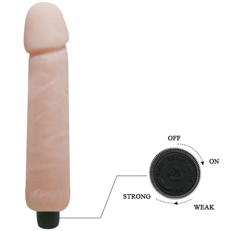 A realistic, flesh-colored dildo with a vibrator base. The dildo has a lifelike appearance with detailed textures and is equipped with a black control regulator at the base.hgju