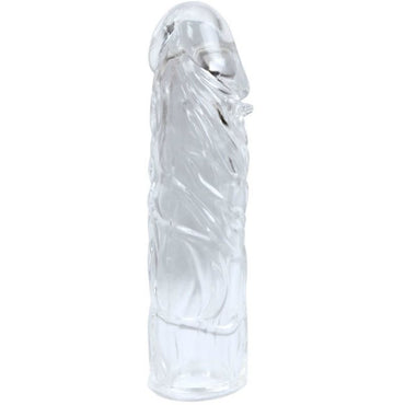 A clear, textured dildo with a realistic design, showing detailed veins and a rounded tip.