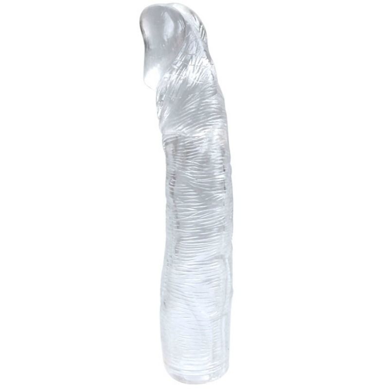 A clear, textured dildo with a realistic design, showing detailed veins and a rounded tip.22