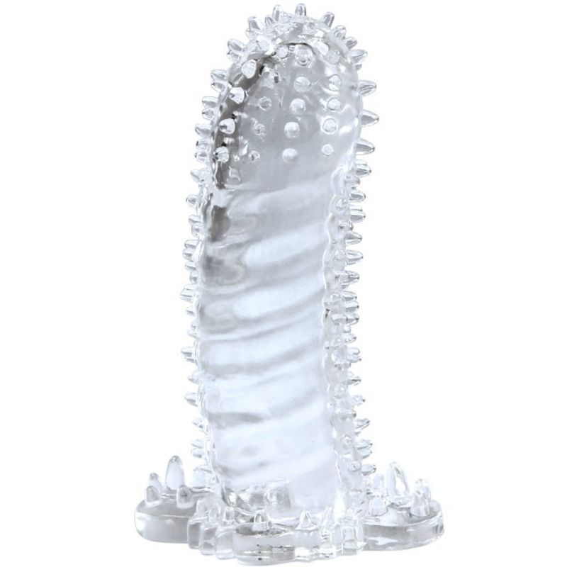 A clear, textured dildo with a realistic design, showing detailed veins and a rounded tip.223