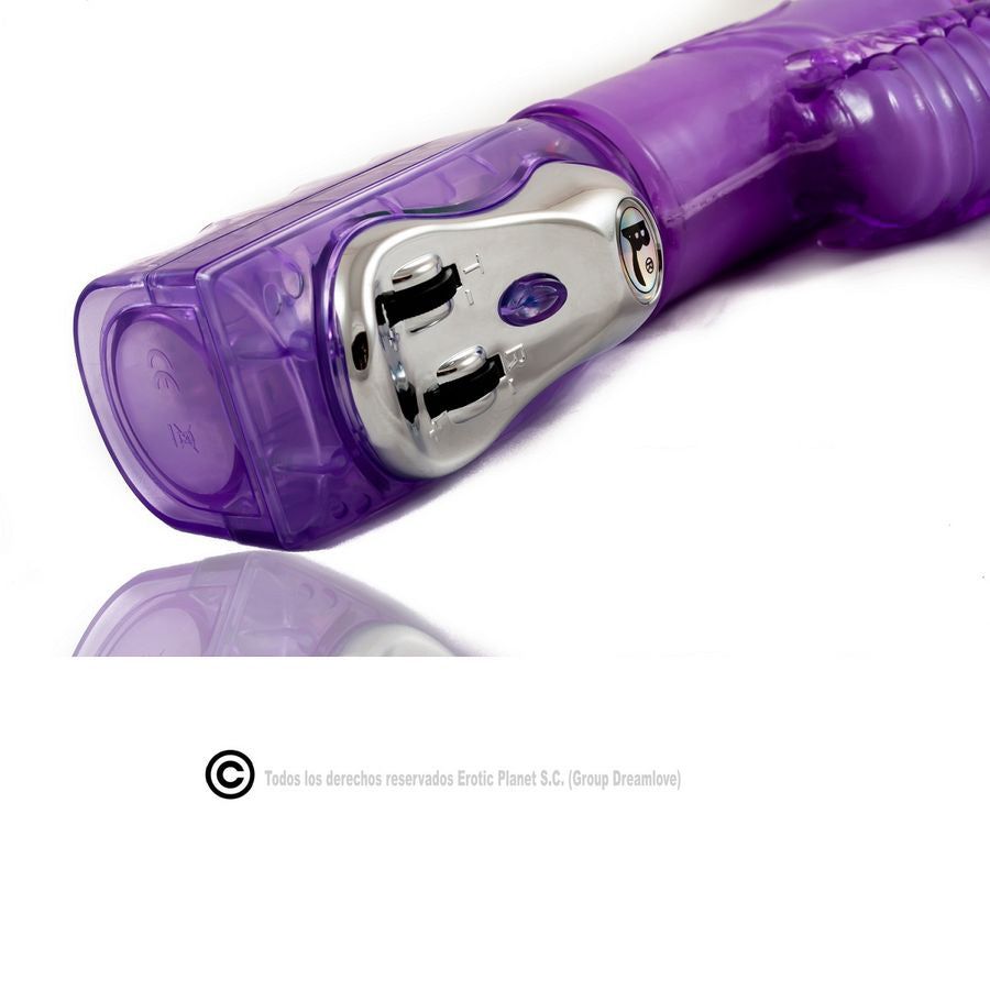 A purple vibrator with a detailed, textured design, including a clitoral stimulator and an up-and-down moving component, set against a white background. Enjoy multi-directional pleasure with Baile Rabbit Up Down Rotator Vibrator. Soft gelatin, clitoral stimulator, multiple modes. Ships UK & EU. Order now!12