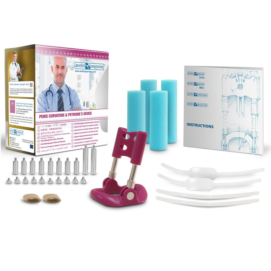 Correct penile curvature with Andropeyronie Penis Curvature Correction, a medically certified traction device for Peyronie's disease and congenital curvatures.2