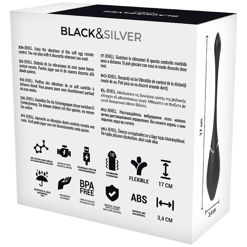 Experience powerful vibrations with the Black Silver Jenell Rechargeable Vibrating Egg Remote. USB rechargeable, remote-controlled, waterproof, body-safe, and discreet for anytime pleasure.4