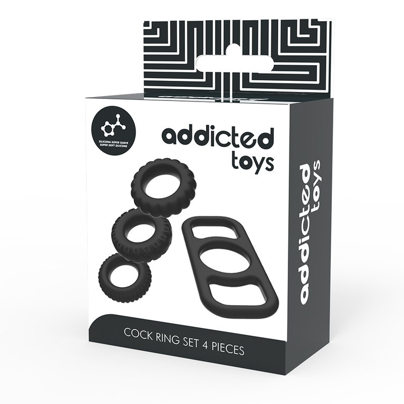 Discover longer-lasting erections and intense pleasure with the Addicted Toys Cock Ring Set. Four flexible, body-safe rings offer customizable options for ultimate satisfaction.6