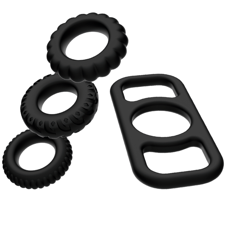 Discover longer-lasting erections and intense pleasure with the Addicted Toys Cock Ring Set. Four flexible, body-safe rings offer customizable options for ultimate satisfaction.1