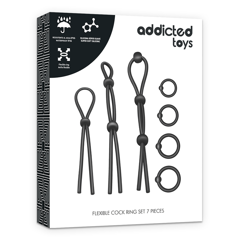 Boost your performance with the Addicted Toys Silicone Cock Ring Set. Seven flexible rings offer comfort, delay ejaculation, and intensify orgasms for ultimate pleasure.6