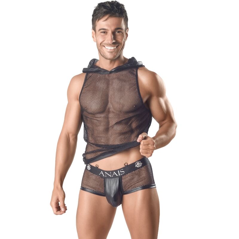 Anais Men Ares Hooded T-Shirt features a sleek sleeveless cut and breathable black mesh hood—designed for bold men who live with confidence and edge.2