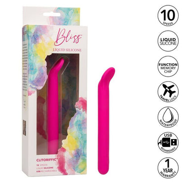 CalExotics Bliss Clitoriffic Vibrator features 10 speeds, soft liquid silicone, flexible head, USB recharge, and memory chip for ultimate clitoral and internal pleasure.2