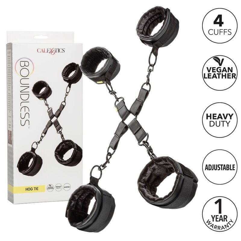CalExotics Boundless Hog Tie features 4 adjustable cuffs, plush lining, vegan leather, and swivel clasps for safe, secure, and fully immersive bondage play.4