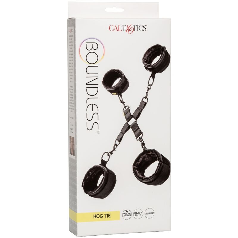 CalExotics Boundless Hog Tie features 4 adjustable cuffs, plush lining, vegan leather, and swivel clasps for safe, secure, and fully immersive bondage play.5