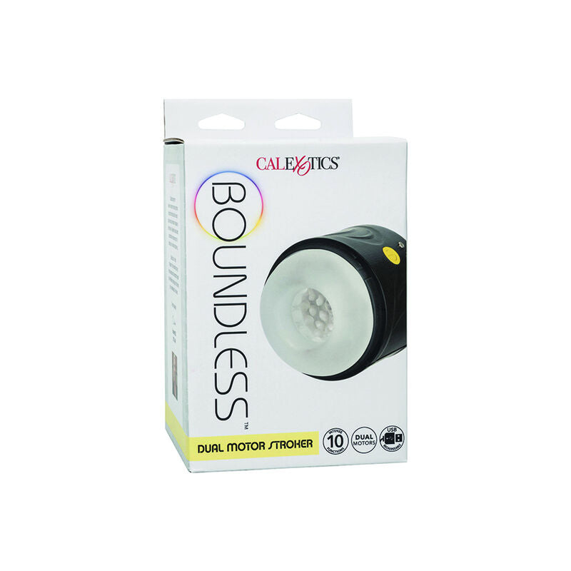 CalExotics Dual Motor Stroker offers 10 vibration functions, dual-entry design, textured chamber, memory chip, and USB recharge for intense solo pleasure anywhere.0