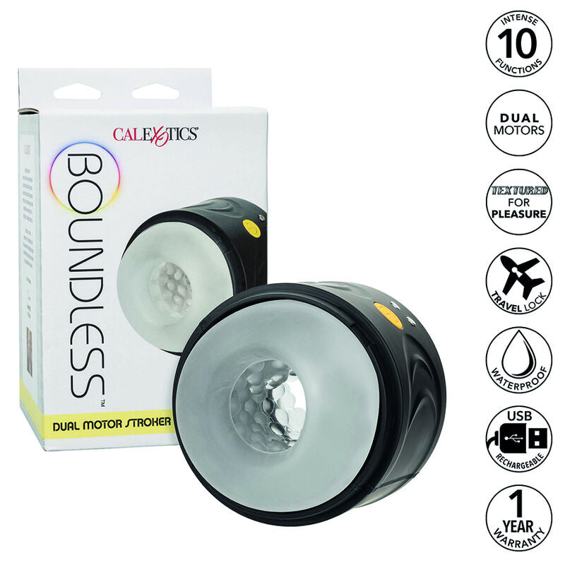 CalExotics Dual Motor Stroker offers 10 vibration functions, dual-entry design, textured chamber, memory chip, and USB recharge for intense solo pleasure anywhere.11