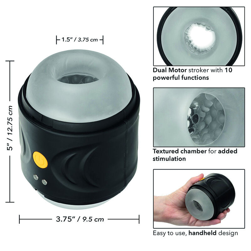 CalExotics Dual Motor Stroker offers 10 vibration functions, dual-entry design, textured chamber, memory chip, and USB recharge for intense solo pleasure anywhere.777